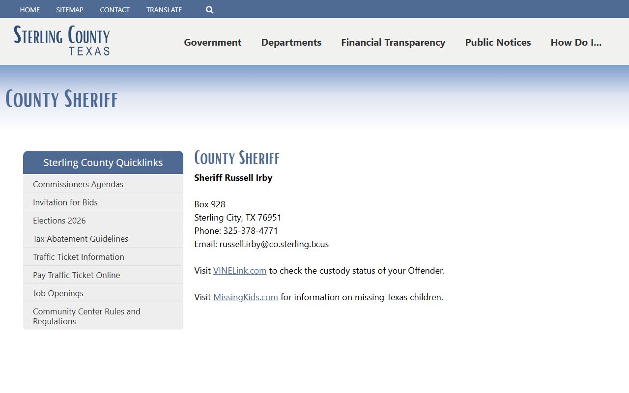 Sterling County sheriff page for inmate custody status